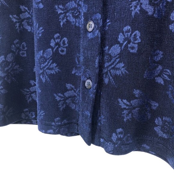 Vintage 80s 90s Navy Blue Floral Crop Top Size M Button Up Short Sleeve Shirt - Picture 3 of 6